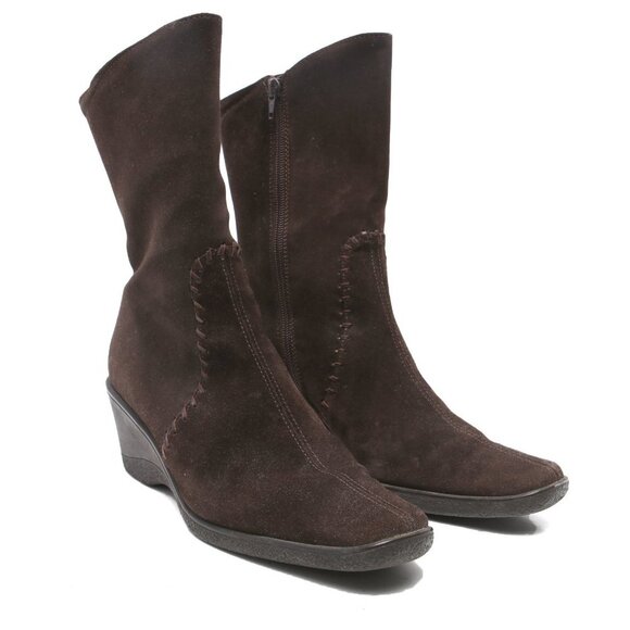 Aquatalia Suede Wedge Boots Winter Brown Y2K Square Toe Warm Lined Size Zip - Picture 1 of 11